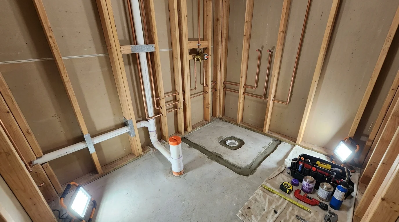 Bathroom rough-in plumbing during remodel by Johns Plumbing LLC in Gilmanton