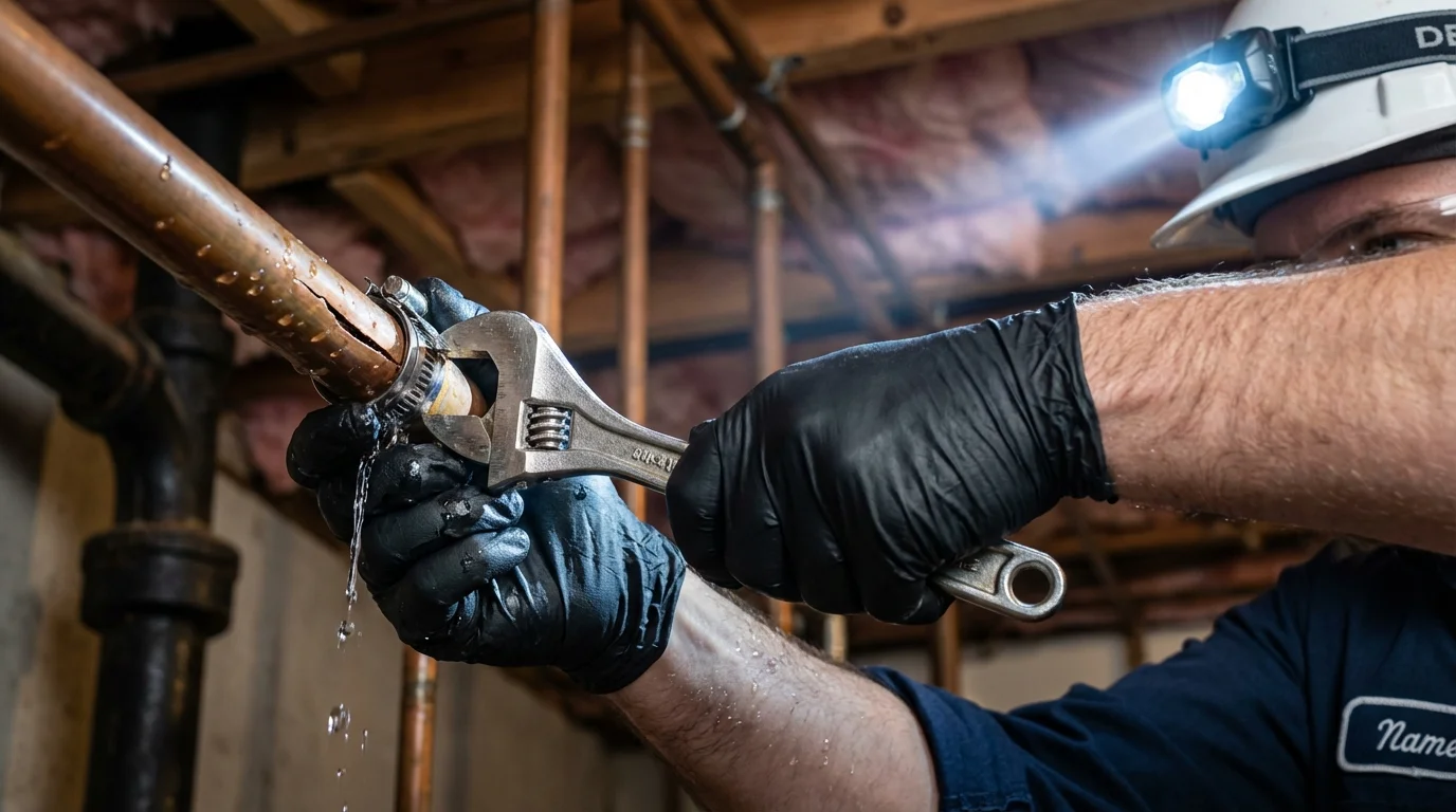 Emergency pipe clamp repair being performed by a Johns Plumbing LLC plumber in Gilmanton