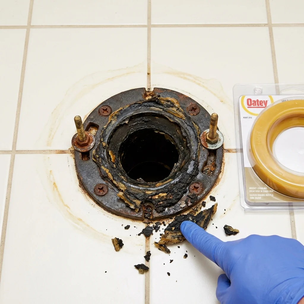 Failed wax ring showing water seepage at the base of a toilet in a Gilmanton, NH home