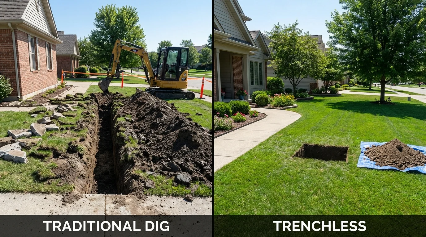 Trenchless sewer repair with minimal yard damage versus traditional excavation in Gilmanton, NH